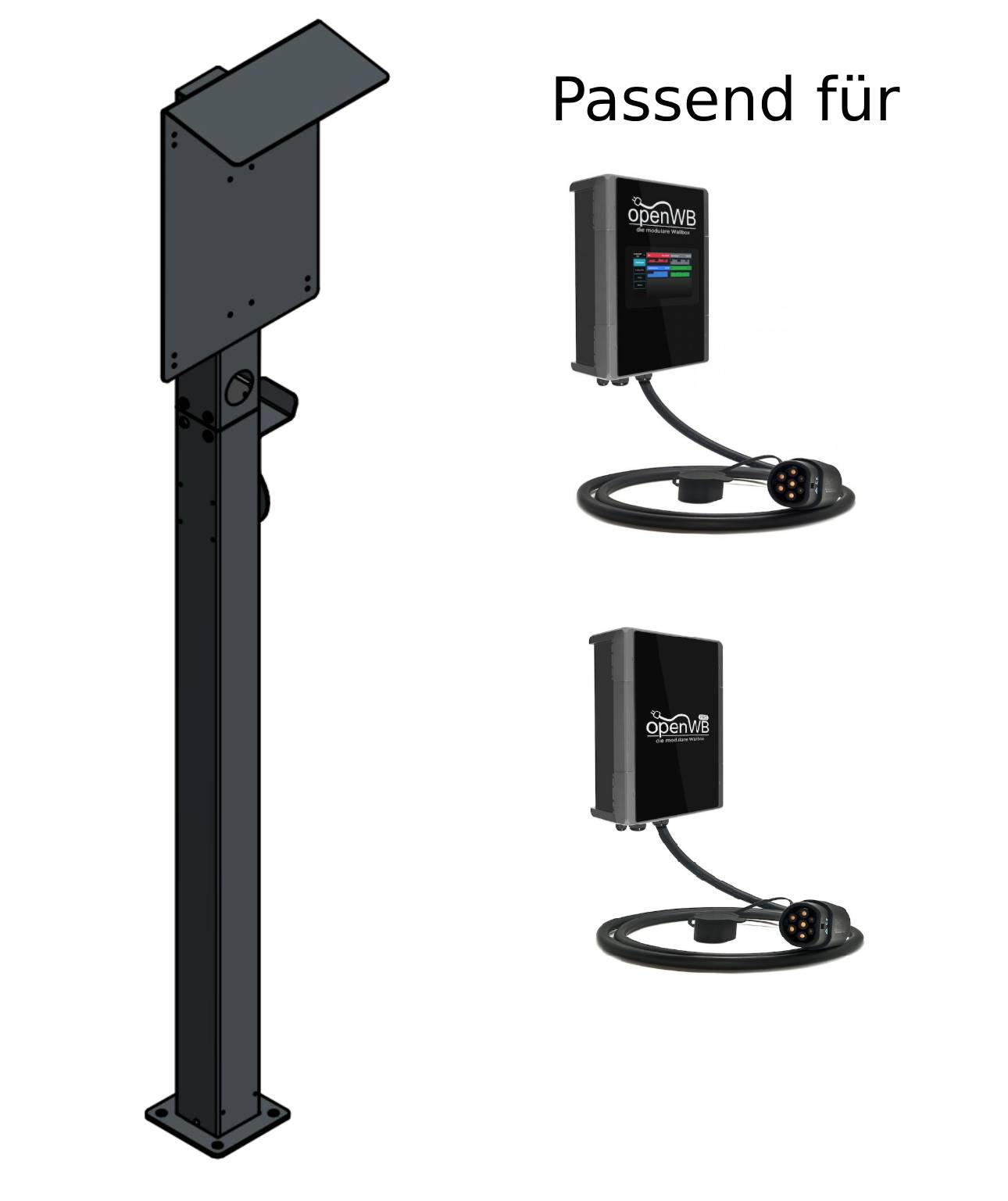 Stazione di ricarica adatta per OpenWB Serie 2 Duo / Standard Wallbox con tetto e 2 supporti per cavi | Stare in piedi | Stare in piedi | stele