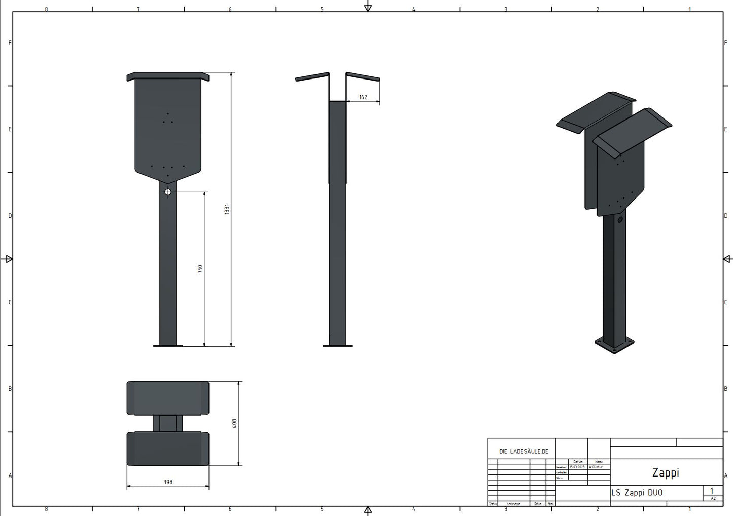 Stazione di ricarica per Zappi Charger Wallbox con tetto e portacavo | stare in piedi | Stai in piedi | stele