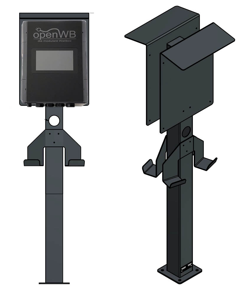 Doppia colonna di ricarica adatta per 2 x OpenWB Series 2 Duo / Standard Wallbox con tetto e 4 supporti per cavi | Stare in piedi | Stare in piedi | stele