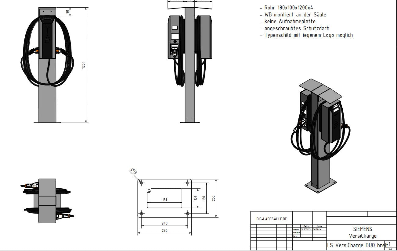 Ladesäule passend für Siemens VersiCharge AC Wallbox (Alle Versionen) mit Dach - Standfuß - Base