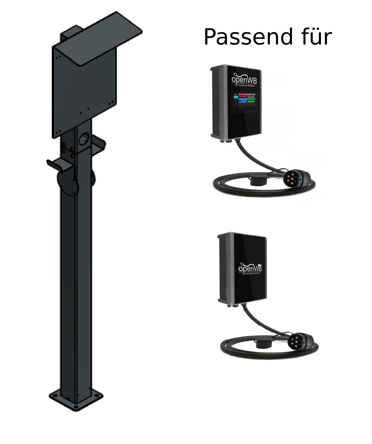 Stazione di ricarica adatta per OpenWB Serie 2 Duo / Standard Wallbox con tetto e 2 supporti per cavi | Stare in piedi | Stare in piedi | stele